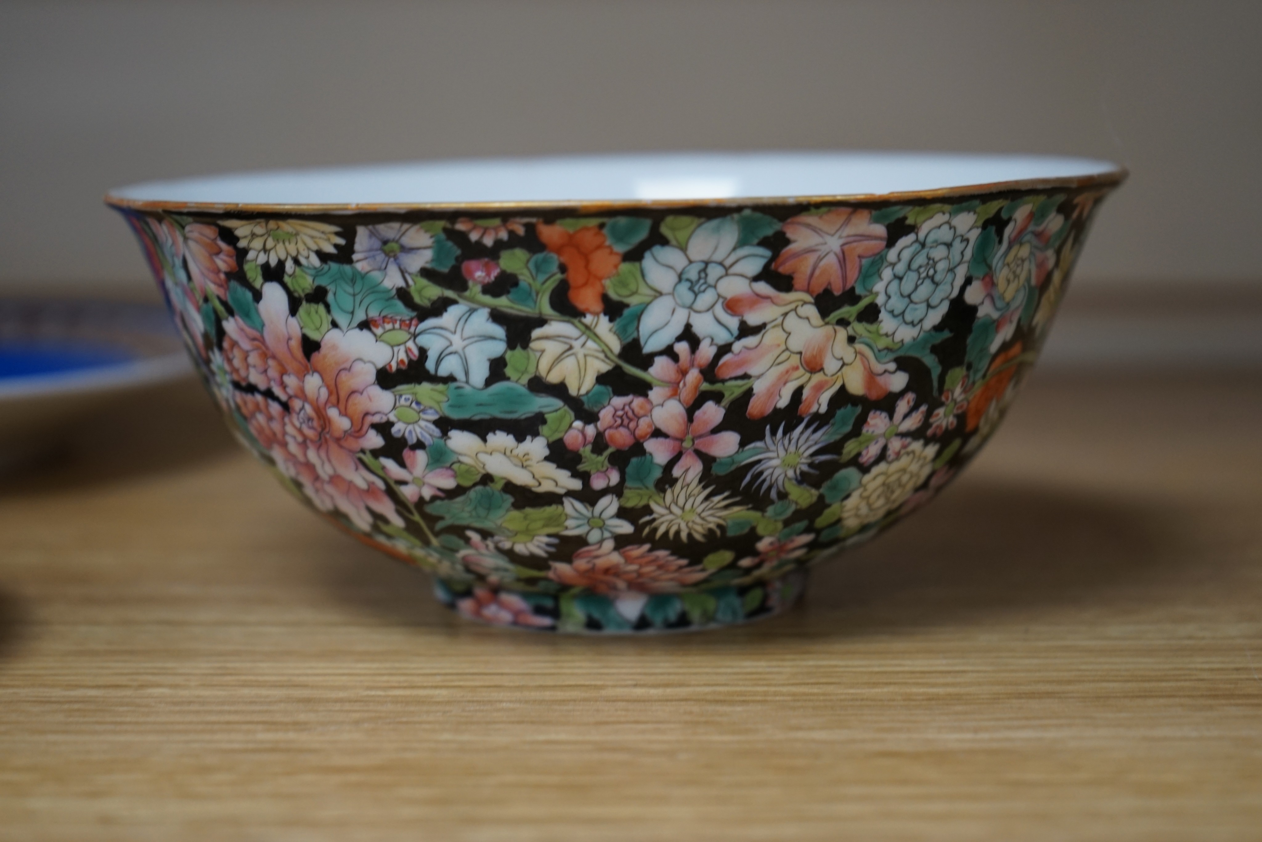 A Chinese millefleur black ground bowl, Republic period, 17cm